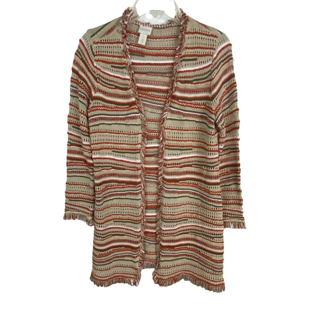 Chicos Womens Sweater Shirt Size 1=8/Medium Beige Open Front Fringe Long Sleeve